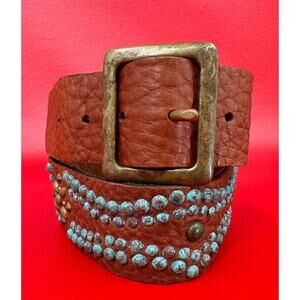 Joed Tumbled Brown Leather Natural Distressed Brushed Turquoise Brass Belt Sz 34